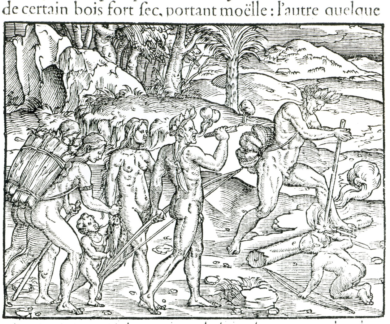 Indiai bennszülöttek tüzet raknak vadászat után, metszett Theodor de Bry (1525-75) alkotó: Jacques Le Moyne