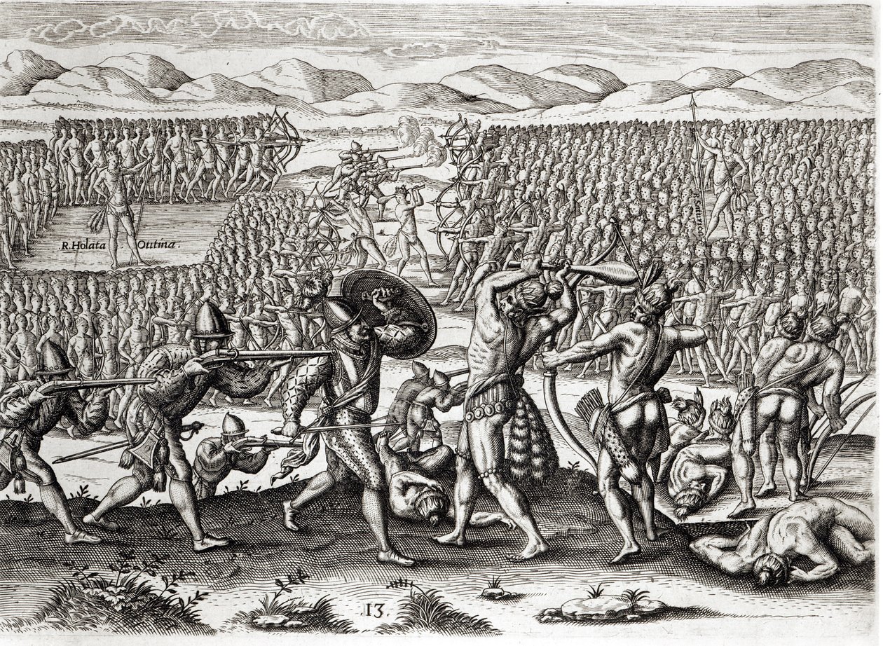 Outina legyőzi Patanou-t a franciák segítségével, Floridában, 1564, Theodore de Bry (1528-98) 1591-ben metszett „Brevis Narratio”-ból (lásd még: 223425 és 173458) alkotó: Jacques Le Moyne