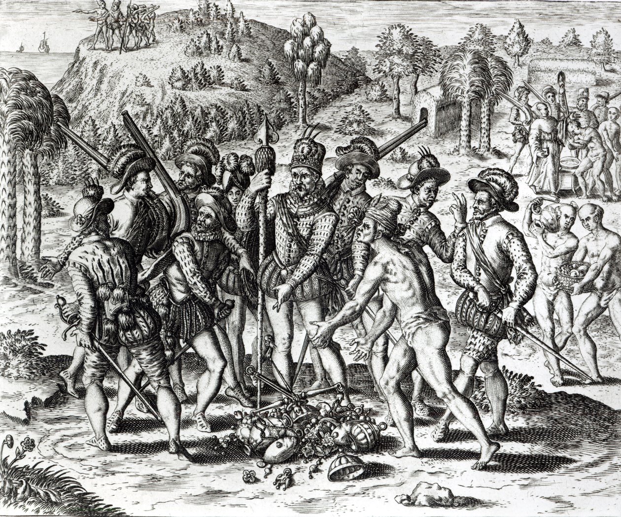 A spanyolok, akik ajándékot kapnak az indiánoktól, a "History"-ból, 1598, metszett Theodor de Bry (1528-98) alkotó: Jacques Le Moyne