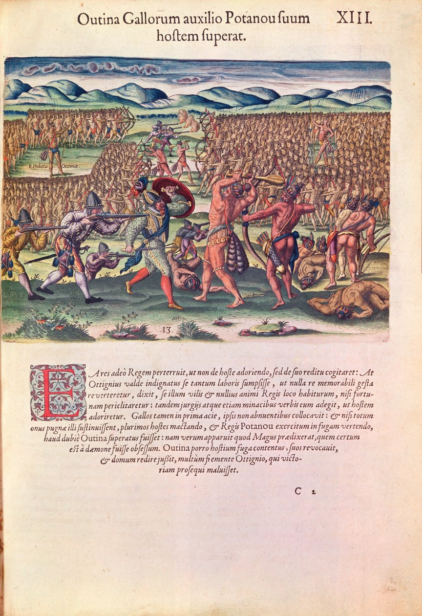 A franciák segítik az indiánokat a csatában, Theodore de Bry (1528-98) metszete a „Brevis Narratio…”-ból, Frankfurtban, 1591-ben (lásd még: 111679) alkotó: Jacques Le Moyne