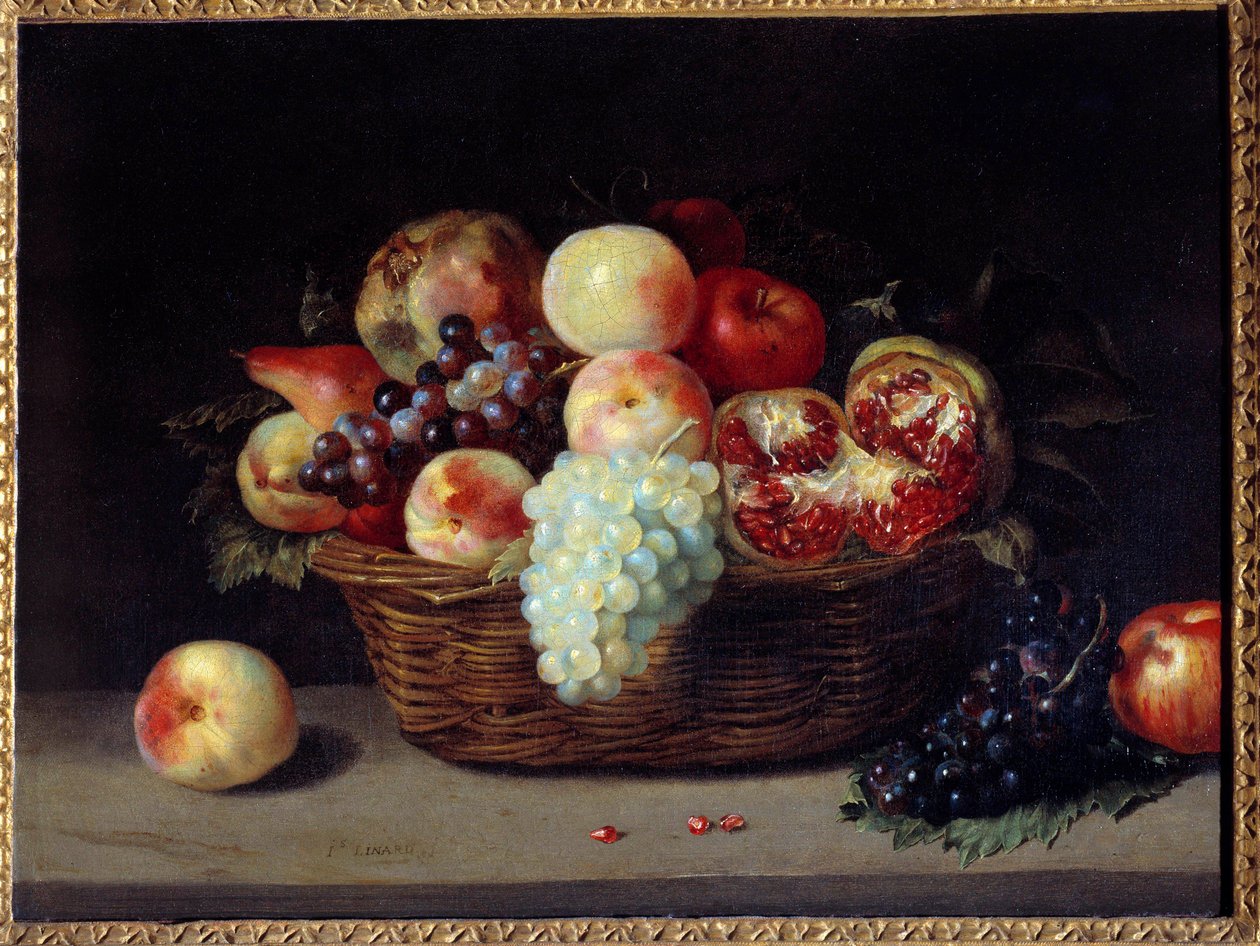 Gránátos kosár, őszibarack és szőlő Jacques Linard festménye (1600-1645) 17. század V. 0,46x0,61 m alkotó: Jacques Linard