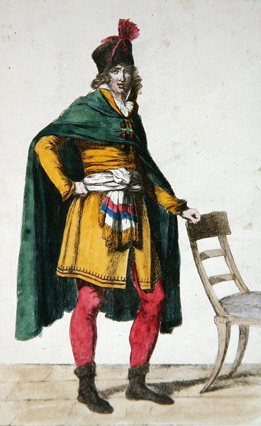 Egy francia állampolgár polgári ruhája, 1795 körül (színes metszet) alkotó: Jacques Louis (after) David