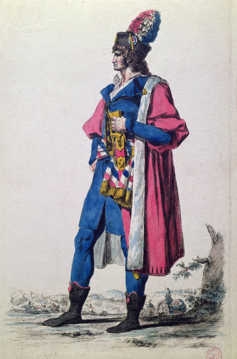 A francia nép egyik képviselőjének jelmeze 1793-ban, „A francia és más országok katonai viseleteinek új gyűjteménye, régi és modern”, Párizs alkotó: Jacques Louis (after) David