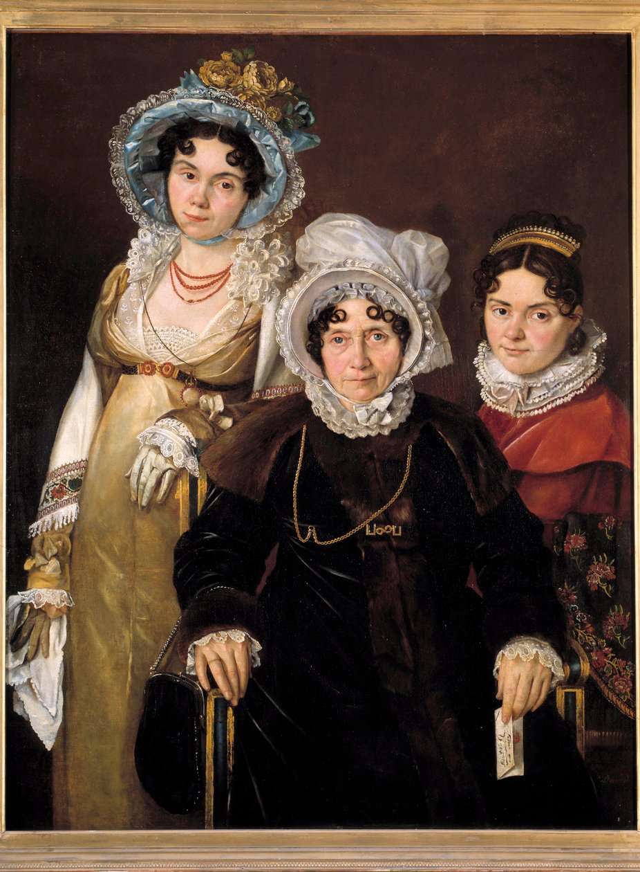 Madame de Tangry és lányai portréja (Isabelle Rose van Tieghem, Anselme Morel de Tangry feleségének, kortrijki Echevinnek és két lányának portréi). A 19. századi francia iskola festménye, 1816 után készült. A festészet eredetileg alkotó: Jacques Louis (attr.to) David