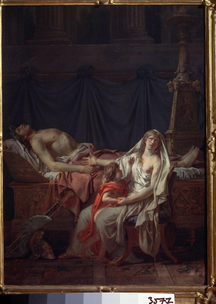 ""Andromache gyászolja Hectort"" (Andromache gyászolja Hectort). Más néven "Andromache fájdalma és sajnálata Hector férje testén". Andromaque és fia, Astyanax a trójai háborúban elesett Hektor holtteste előtt. Jacq festménye alkotó: Jacques Louis David