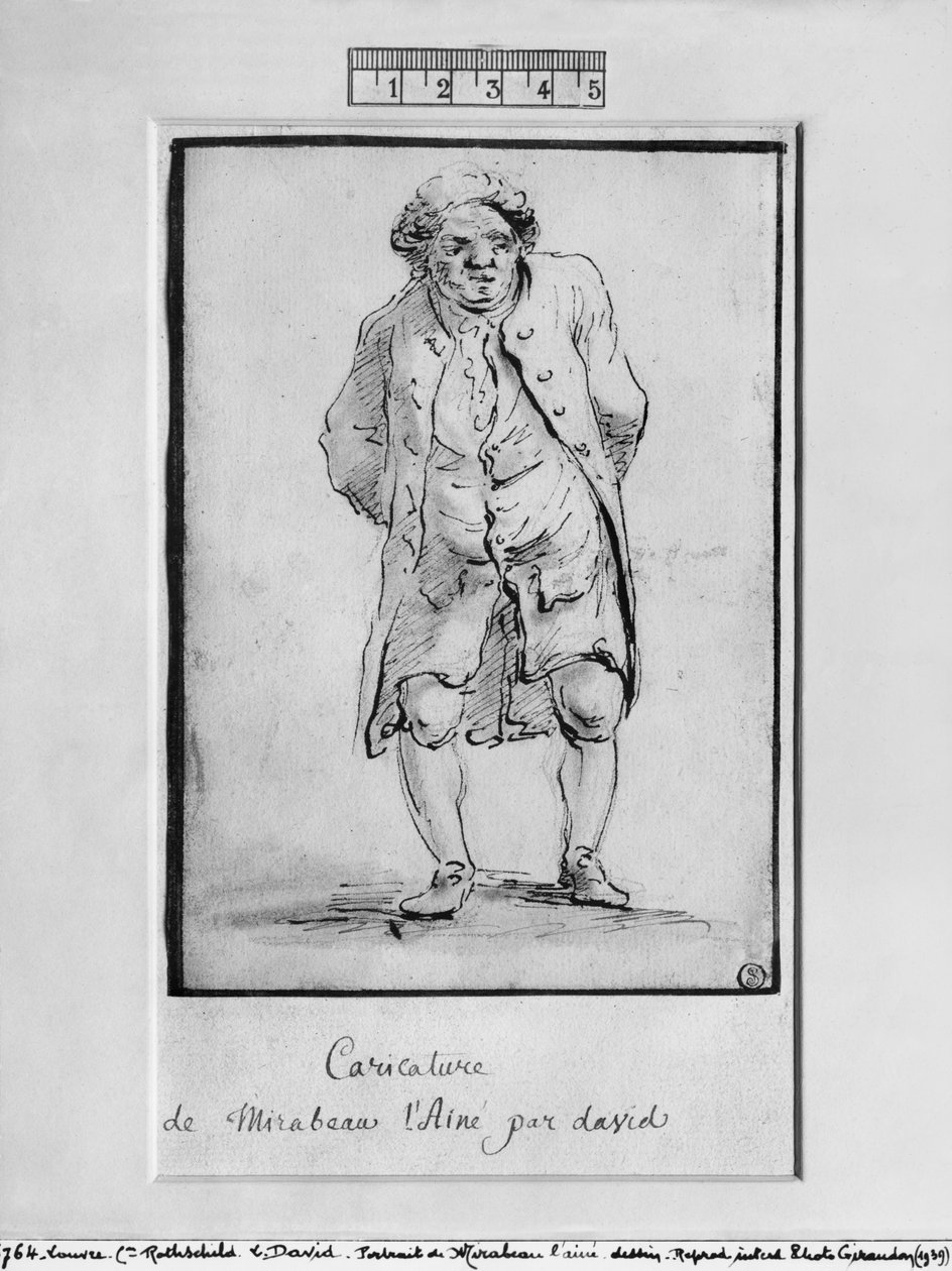 Honore Gabriel Riqueti, Comte de Mirabeau karikatúrája (toll és barna tinta és szürke mosás papíron) alkotó: Jacques Louis David