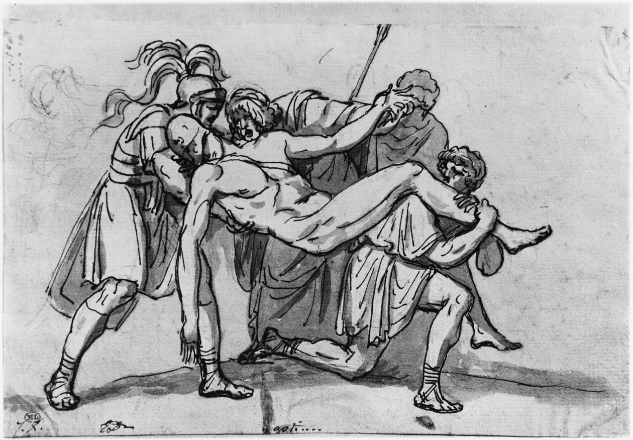 Meleager halála (toll és barna tinta, szürke mosás és pierre noire papíron) alkotó: Jacques Louis David