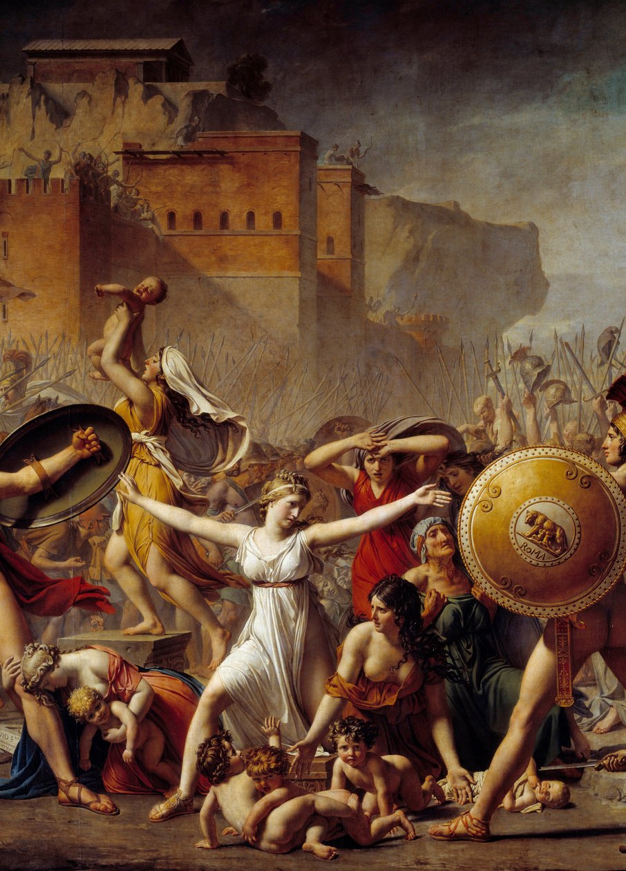 Részlet: "" The Sabines"" közbeiktatva római férjeik (jobbra) és Sabins testvéreik (balra) között, bemutatva nekik gyermekeiket - Jacques-Louis (Jacques Louis) David (1748-1825) festménye alkotó: Jacques Louis David