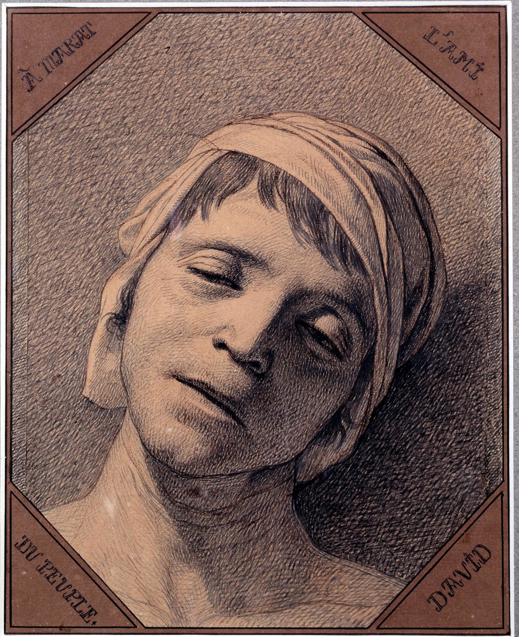 Tanulmány a természetről az 1793. július 13-án meggyilkolt Jean Paul Marat (1763-1793) fejéről Jacques Louis David (1748-1825) rajza. Mérete 0,27 x 0,21 m Versailles-i kastélymúzeum alkotó: Jacques Louis David