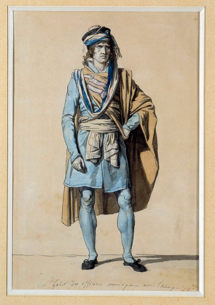 Francia forradalom: polgári jelmezprojekt 1793 „” Városi tisztviselői ruha sállal”” Akvarell, Jacques Louis David (1748-1825) V. 0,3x0,2 m. Versailles, Versailles-i kastélyok és Trianon alkotó: Jacques Louis David