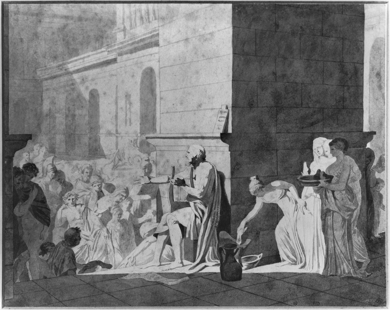 Homérosz verseit szavalja, 1794 (toll, fekete tinta, grafit, szürke mosás és piros kréta papíron) alkotó: Jacques Louis David