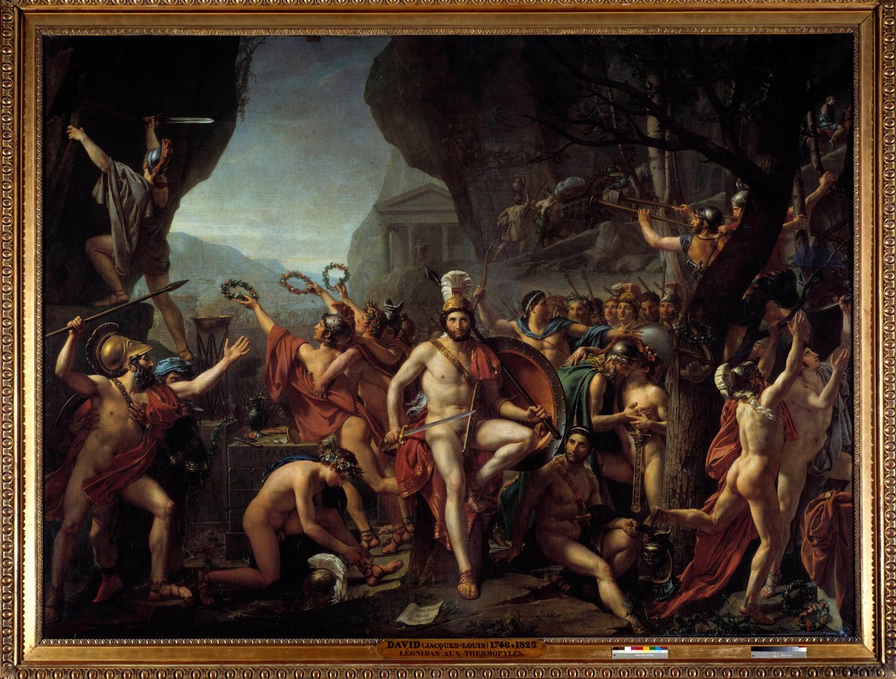 Leonidas a termopilokhoz A termopilok csatájának epizódja Kr.e. 480-ban, a görögök és I. Xerxész perzsák ellentéte, I. Leonidász spártai király karját fogva, egy sziklán ül, Herkules oltára közelében, hátul egy csapat a spártaiak előrenyomulnak a t alkotó: Jacques Louis David