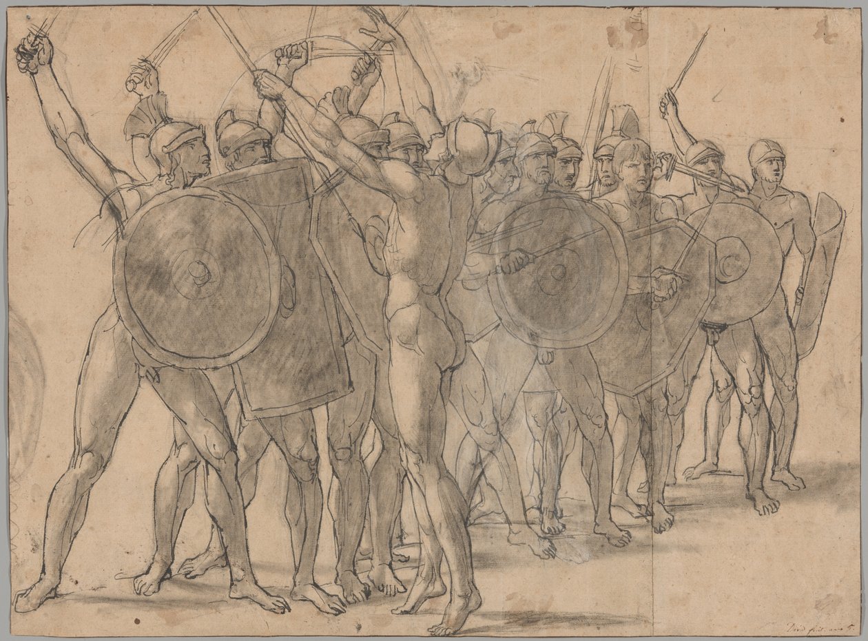 Meztelen katonák gesztikuláló fegyvereikkel (recto); Két drapériatanulmány Tatius alakjához (fordítva) alkotó: Jacques Louis David