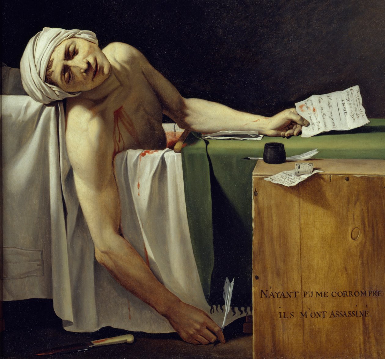 Marat halála (John Paul Marat (1743-1793) meggyilkolták). Részlet. Jacques Louis David (1748 - 1825) festménye. 1793 V. 1,62x1,3 m. Párizsi Louvre Múzeum alkotó: Jacques Louis David