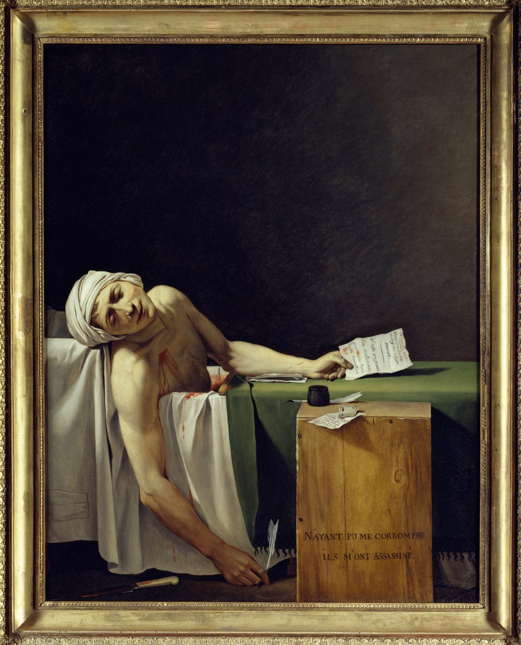Marat halála (John Paul Marat (1743-1793) meggyilkolták). Jacques Louis David (1748 - 1825) festménye. 1793 V. 1,62x1,3 m. Párizsi Louvre Múzeum alkotó: Jacques Louis David