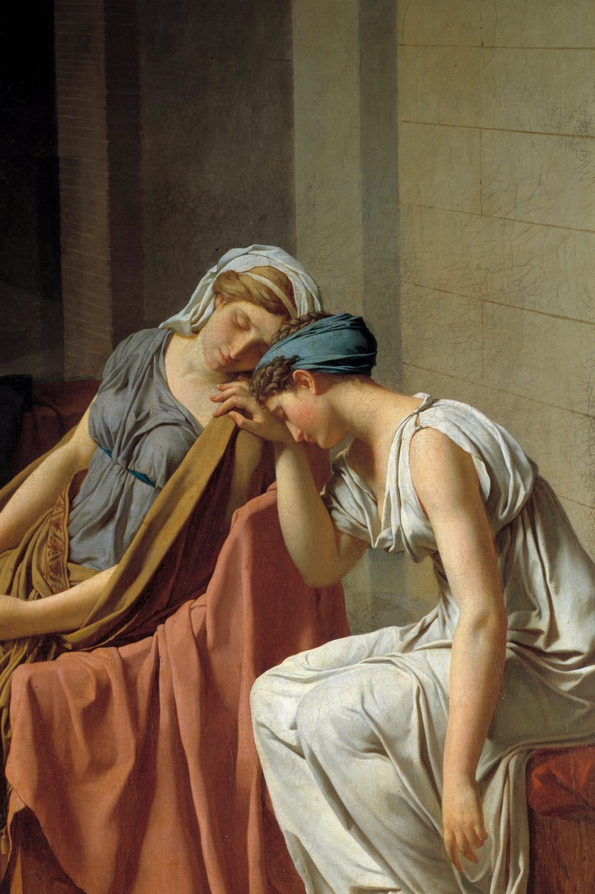 A nőket ábrázoló Horaces Detail eskü összeomlott a fájdalomtól. Jacques Louis David (1748-1825) festménye 1784 V. 0,26x0,37 m alkotó: Jacques Louis David