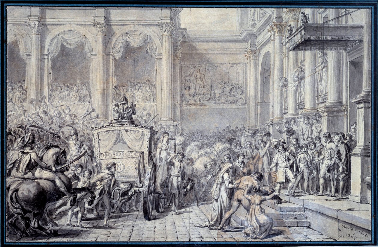 I. Napóleon császár (1769-1821) kocsijának megérkezése a Hotel de Ville de Paris-ba 1804.12.16-án kormányzása alkalmából Jacques Louis David (1748-1825) rajza 1804 V. 0,26x0,4 m Párizs, Musee du Louvre alkotó: Jacques Louis David