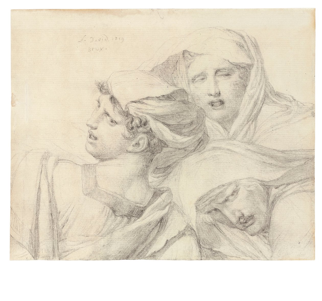Három nő klasszikus ruhában, mellhosszban, gyötrő arckifejezéssel, 1819 alkotó: Jacques Louis David