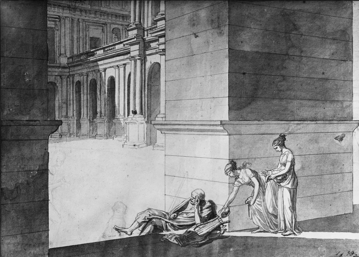 Két fiatal lány kenyeret visz az alvó Homérosznak, 1794 körül (toll és indiai tinta a papíron) alkotó: Jacques Louis David