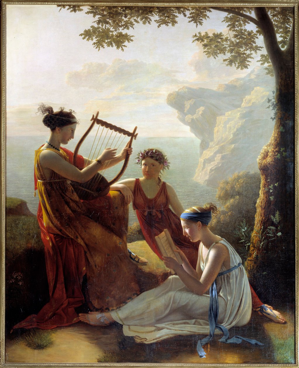 Sapho (Sappho) görög költő lírán játszik és két társa Jacques Louis Grandin (1780-?) festménye 1808 Párizs, Musee Marmottan alkotó: Jacques Louis Michel Grandin