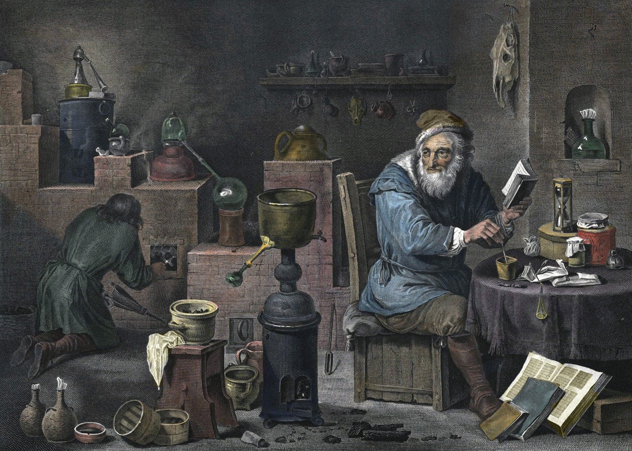 Az alkímista. Jacques-Louis Pérée metszete. 17. század. alkotó: Jacques Louis Perée