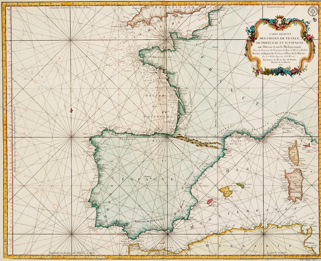 Nyugat-Európa térképe, amelyen a párizsi délkör a fő délkör. alkotó: Jacques Nicolas Bellin