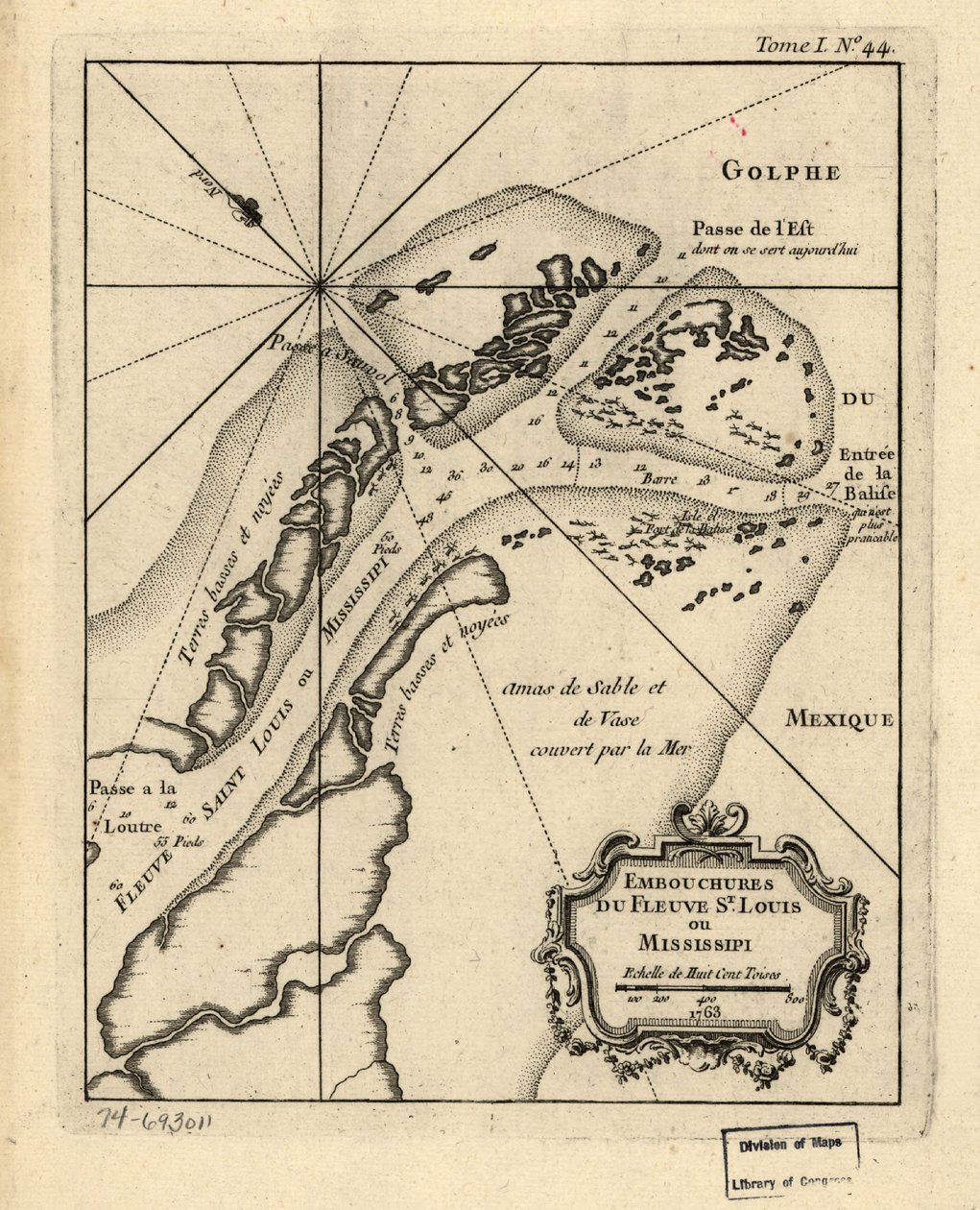 A St. Louis vagy Mississippi folyó torkolatai. 1763. LOC 74693011 alkotó: Jacques Nicolas Bellin