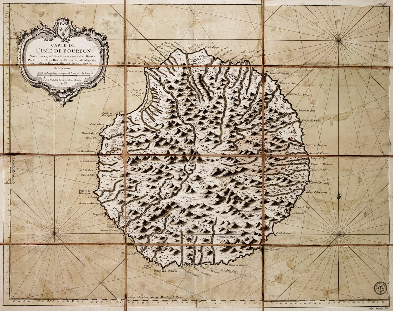 A Bourbon-sziget térképe, a térképek és tengeri térképek letéteményesénél készült térkép alkotó: Jacques Nicolas Bellin