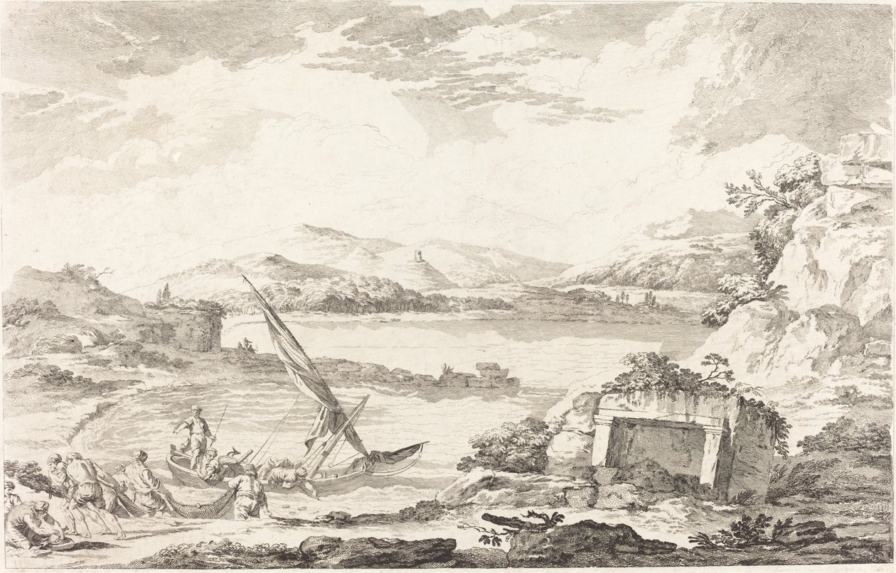 Kilátás az ókori Phaleron kikötőre, Athén alkotó: Jacques Philippe LeBas after Julien David Le Roy