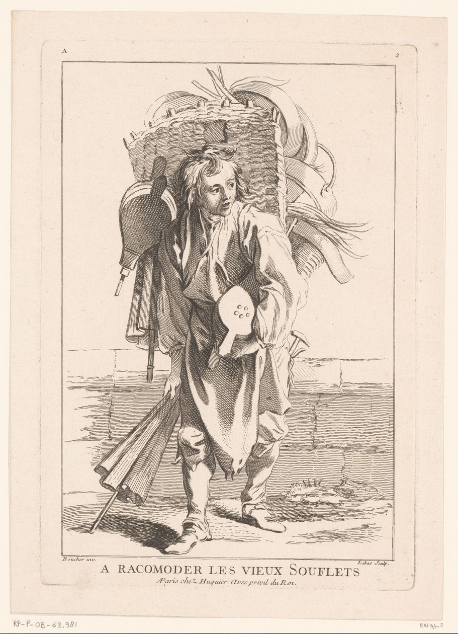 Fújtató eladó A Racomoder les vieux Souflets (cím a tárgyon) Cris de Paris (sorozat címe) Párizsi utcai árusok (sorozat címe) alkotó: Jacques Philippe Le Bas