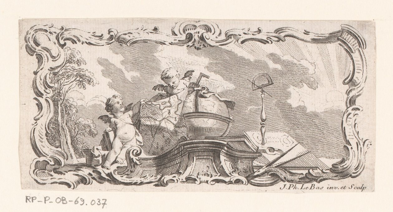 Két putti matrica térképpel, földgömbbel és mérőműszerekkel alkotó: Jacques Philippe Le Bas