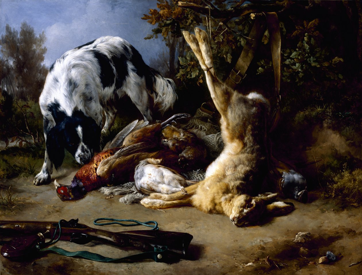 Spániel halotti csendélettel, 1837 alkotó: Jacques Raymond Brascassat