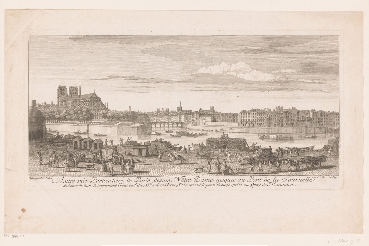 Gezicht op Parijs van de Notre Dame tot de la Tournelle Párizs kilátása a Notre-Dame-tól a Pont de la Tournelle-ig (...) a Quai de Miramionról (cím a tárgyon) alkotó: Jacques Rigaud