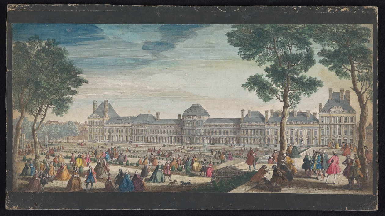 Kilátás a párizsi Palais des Tuileries-ra a Tuileriák kertjéből Les promenades du Palais Thuilleries (cím a tárgyon) alkotó: Jacques Rigaud