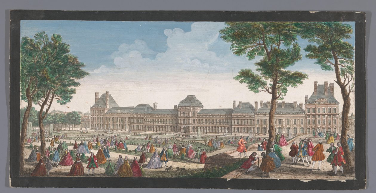 Kilátás a párizsi Palais des Tuileries-ra a Tuileriák kertjéből Les promenades du Palais Thuilleries (cím a tárgyon) alkotó: Jacques Rigaud