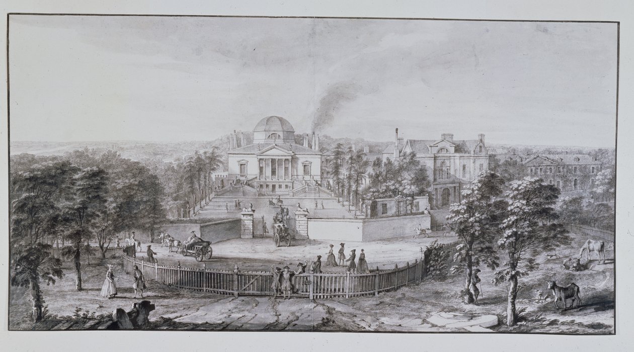 Lord Burlington Chiswick villája délkeletről (toll és tinta mosással papíron) alkotó: Jacques Rigaud
