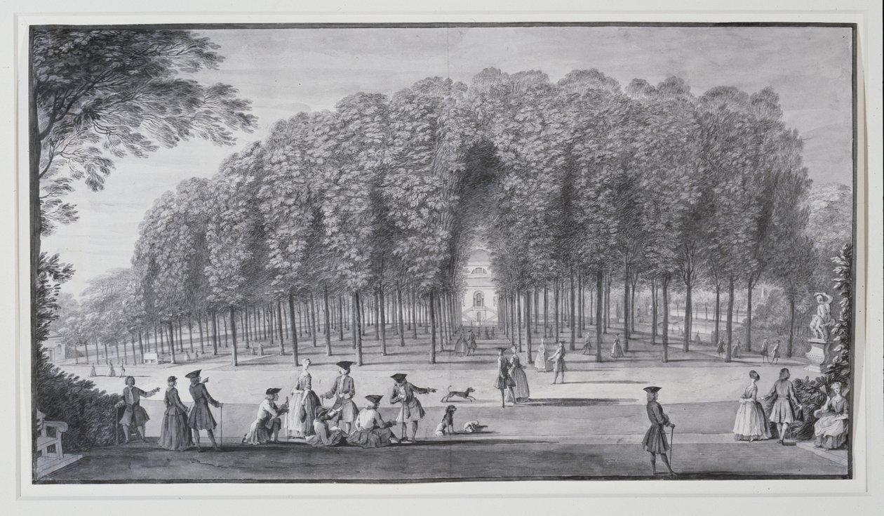 "The Poplar Grove, Lord Burlington Chiswick-villája" (toll és tinta akvarellel papíron) alkotó: Jacques Rigaud