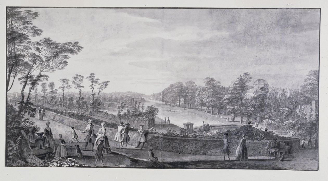 A mesterséges folyó, Lord Burlington Chiswick Villa (toll és tinta mosással papíron) alkotó: Jacques Rigaud