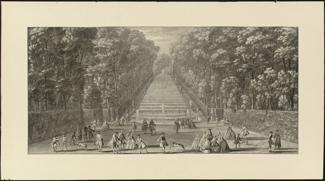 Vue de la Grande Cascade dans les jardins de Marly (fekete kréta, toll és fekete tinta, szürke mosás) alkotó: Jacques Rigaud