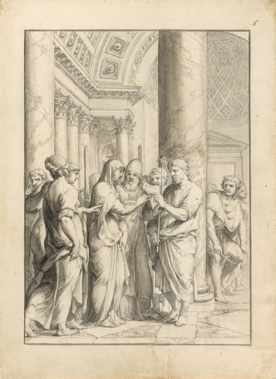 A Szűz házassága, 1640 körül (toll és fekete tinta, ecsettel és szürke és halványbarna mosással és grafittal, darabolt krémes papíron) alkotó: Jacques Stella