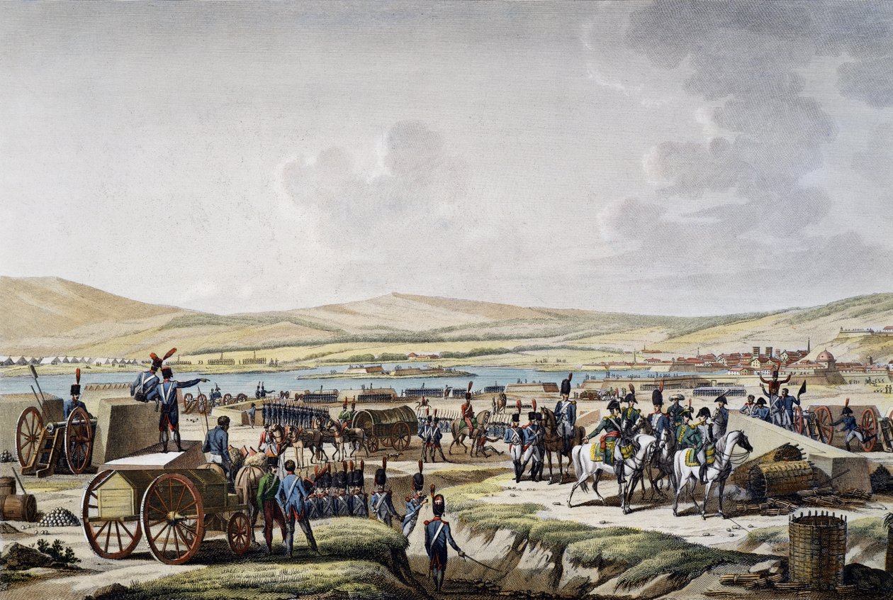 Napóleon a danzigi ostrommunkákat meglátogatva Lefebvre marsall vezetésével (1807. május 9.), Francois Jacques Dequevauviller (1783-1848) metszete, Jacques Francois Joseph Swebach-Desfontaines (1769-1823) rajza alkotó: Jacques Swebach Desfontaines