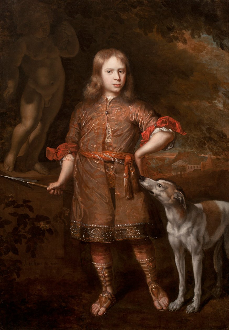 Egy fiú portréja vadászként vadkan lándzsát tartva agárral, 1670-es évek közepe alkotó: Jacques Vaillant