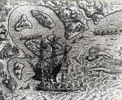 Johannes Staden egy ismeretlen szigetre érkezik, és megállapítja, hogy a portugálok már ott vannak, Amerikából, 1593-ból, írta és metszett Theodor de Bry (1528-98) alkotó: Jacques d.158788 after Le Moyne