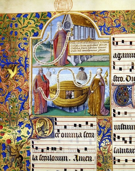 Ms 0412 Miniatűrök, amelyek az Egyház allegorikus ábrázolását ábrázolják, alatta pedig Mózes, aki a törvénytáblákat tartja Noé bárkájával és egy bekötött szemű nő, aki a „vak” zsidókat ábrázolja, 1492 körül (vellum) alkotó: Jacques de (attr. to) Besancon