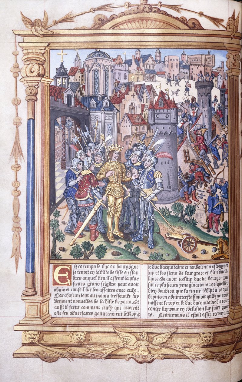 Kivilágított kézirat, amely egy királyt és seregét ábrázolja egy város előtt, 1503-04 alkotó: Jacques de Besancon