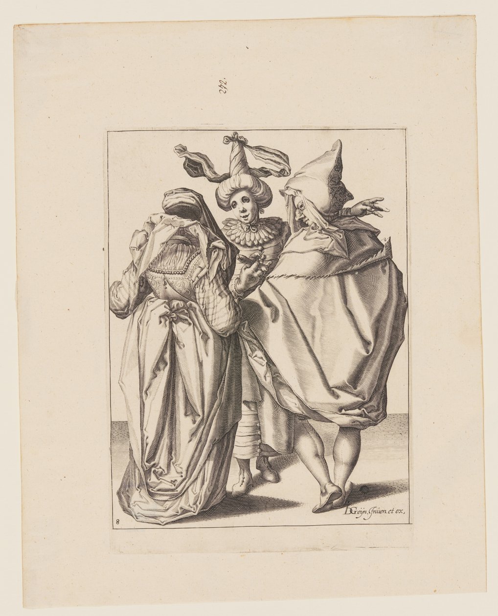 Egy pár egy gesztikuláló fiatalemberrel beszélget, az Álarcosbálból alkotó: Jacques de Gheyn II