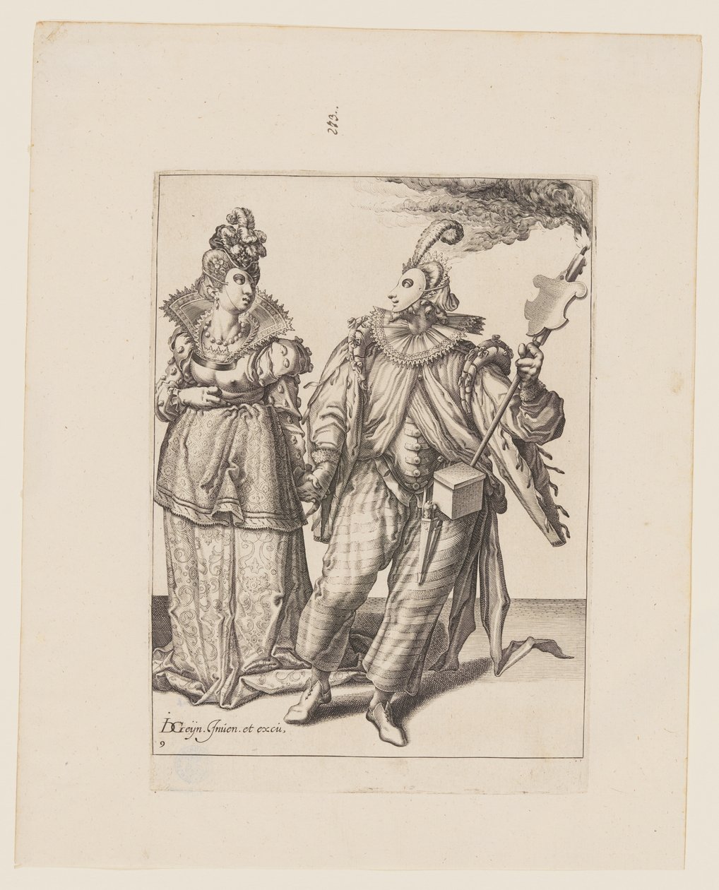 Egy nő, akit egy fáklyát tartó játékos vezet, az Álarcosbálból alkotó: Jacques de Gheyn II