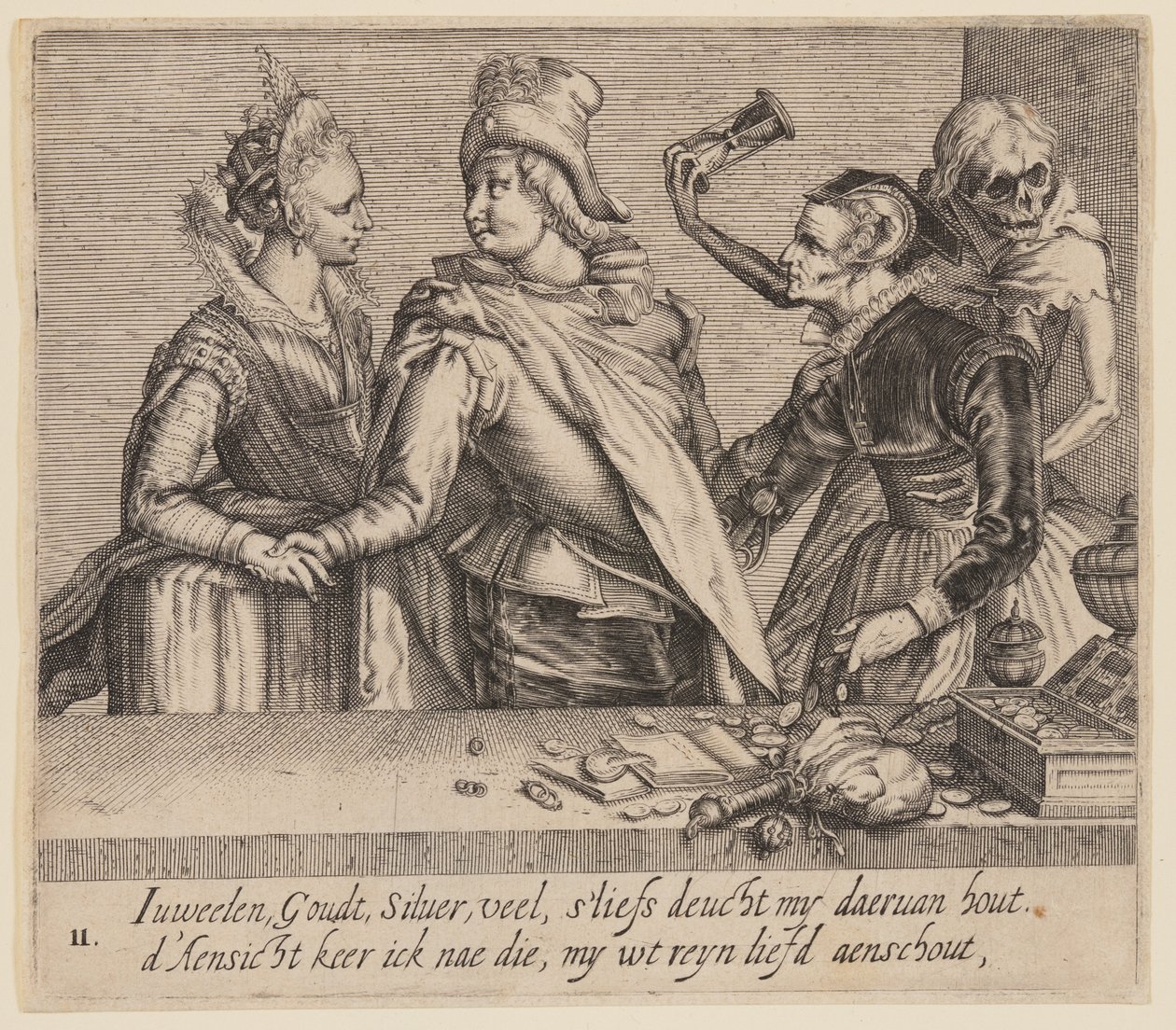 Egy fiatal férfi egy fiatal nő és egy öreg nő között, az Egyenlőtlen szeretőkből alkotó: Jacques de Gheyn II
