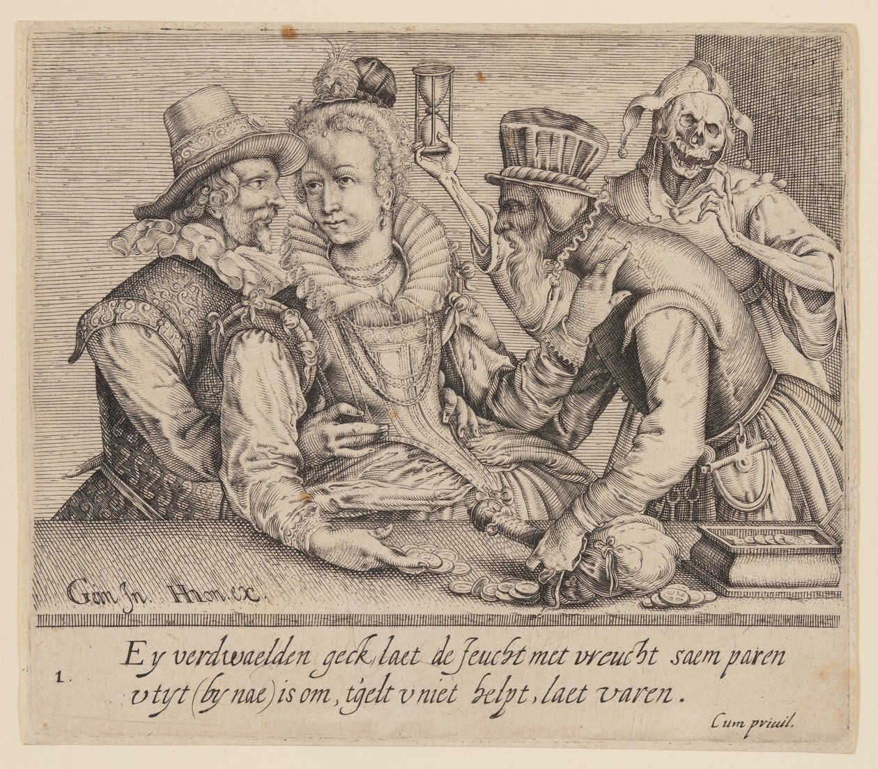 Egy fiatal nő egy fiatal férfi és egy öreg férfi között, az Egyenlőtlen szeretőkből alkotó: Jacques de Gheyn II