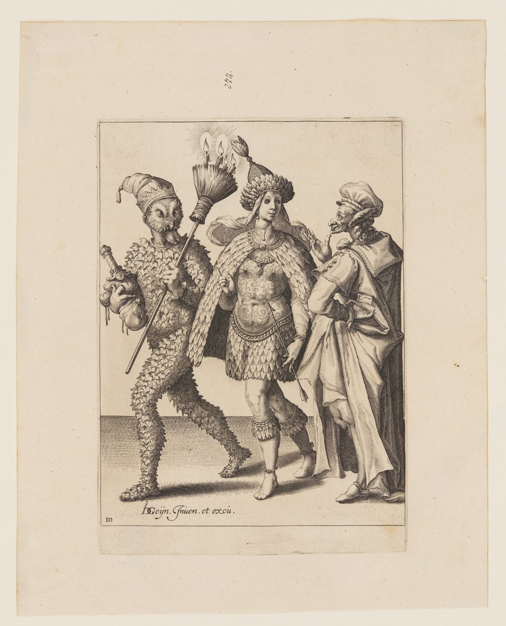 Egy öreg jászol egy levelekbe és madártollakba öltözött párhoz szól, az Álarcosbálból alkotó: Jacques de Gheyn II
